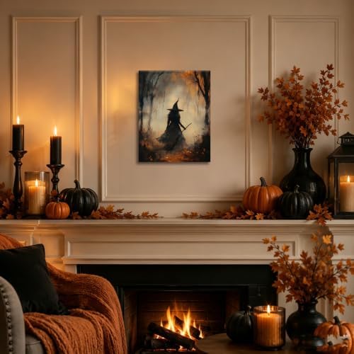 ILLBDR Halloween Witch with Broomstick Canvas Wall Art 12x16 inch