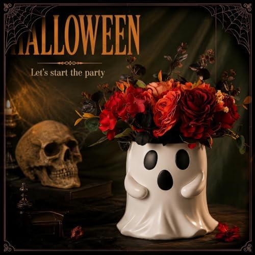 SiliFine Halloween Ghost Bucket with Artificial Flowers Halloween Vase