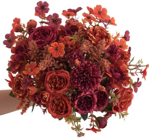 Mixed 8pcs Fall Artificial Peony Hydrangea Bouquet, Coffee Brown Silk Faux Flower, Autumn Faux Floral Arrangements for Wedding Table Thanksgiving Outdoor Planters Porch Patio Garden Yard