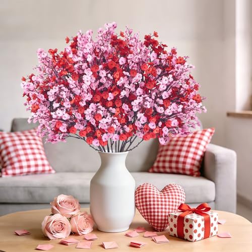 Uieke 12 Pcs Valentine’s Day Artificial Baby’s Breath Flowers, Red Pink Faux Gypsophila Bouquets Real Touch Silk Fake Flowers for Romantic Wedding, Anniversary, Party, Home Table Centerpiece Décor