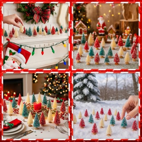 Sumind 48 Pcs 1.78 Inch Mini Bottle Brush Christmas Trees Green Red Yellow