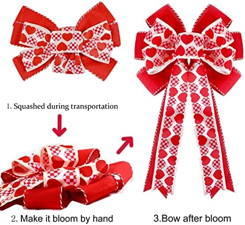 Valentines Day Tree Decorations, Valentine Tree Topper Bow with Red and Pink Heart for Valentines Day Wreath Wedding Holiday Party Wall Home Front Door Outdoor Decor