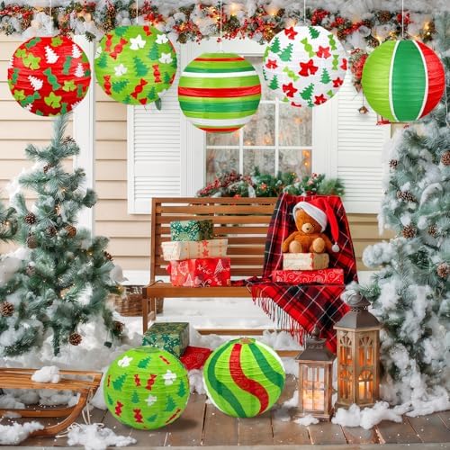 Christmas Paper Lanterns, 12 PCS Christmas Hanging Paper Lanterns Indoor Outdoor, Red Green and White Xmas Tree Candy Bell Lantern for Christmas Party Decorations Home Holiday Decor