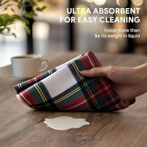 RECYCO Christmas Waffle Kitchen Towel Set of 2 - Quick Dry Microfiber Sustainable Dish Towels - Ultra Absorbent Reusable Cleaning Tea Towels - Lightweight Hand Towels,16”x 28”, Plaid
