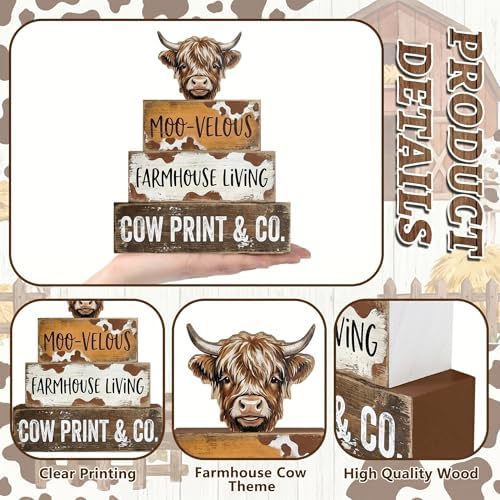 Britimes Tiered Tray Decor Set, 4 Pack, Wooden Table Sign, Highland Cow