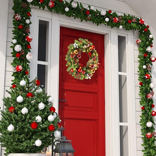 Sggvecsy 17 Inch Artificial Christmas Wreath for Front Door with 20 LED Lights Pine Needles Christmas Balls Red White Berries Pine Cones Bows Decoration for Winter Outdoor Wall Home Holiday Xmas Decor