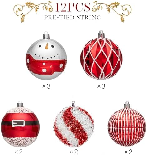 JORNOY 12CT 3.12-Inch Christmas Balls Ornaments for Tree, Red & White