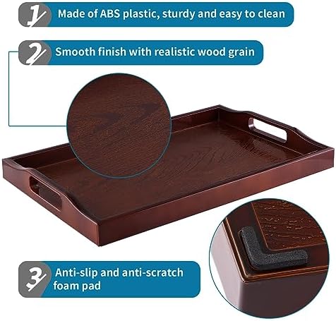 MDLUU Plastic Serving Tray, Ottoman Tray with Cutout Handles, Rectangle Butler Tray for Breakfast in Bed, Coffee Table Decor, Party (Red Brown)