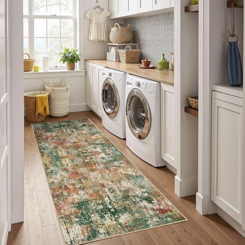 RELEANY Washable Runner 2'x10' Abstract Area Rug for Hallway Green Multi