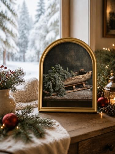 TwoDays Vintage Christmas Sled Pine 11" x 13.8" Gold Arched Framed Wall Art
