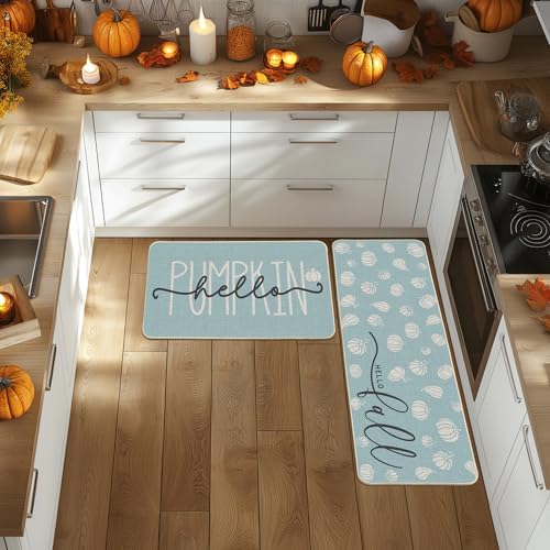 Artoid Mode Blue Hello Pumpkin Fall Kitchen Mats Set of 2, Autumn Home Decor Low-Profile Kitchen Rugs for Floor - 17x29