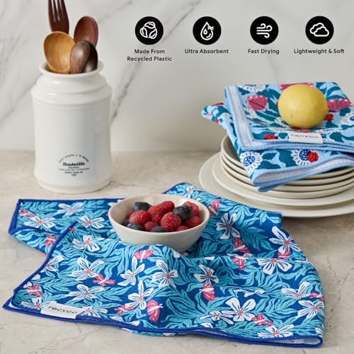 RECYCO Waffle Kitchen Towel Set of 2 - Quick Dry Microfiber Sustainable Dish Towels - Absorbent Reusable Cleaning Tea Towels - Lightweight Hand Towels,16”x 28”, Cloud Blue