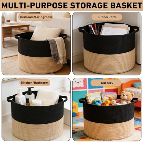 90L Extra Large Blanket Basket,Woven Laundry Basket-Black&Camel