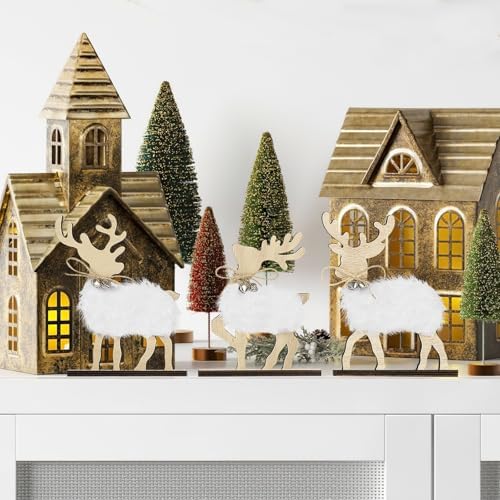 COCHIE Cute Christmas Tiered Tray Decor Indoor, Wooden Reindeer Christmas Tabletop Decorations and Xmas Tree Centerpiece, Reindeer Sign Standing Elk Decor for Home Party Decorations (Fur)
