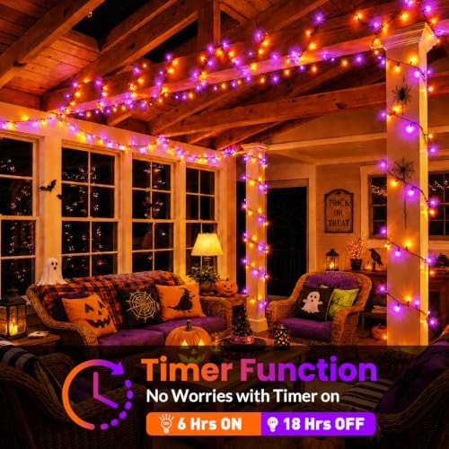 Orange Purple Halloween Lights String Waterproof for Halloween Decorations, Timer 8 Modes Battery Operated String Lights 50LED 17FT for Indoor and Outdoor