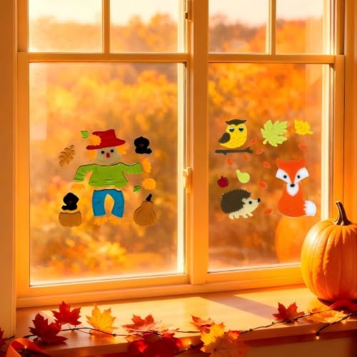 Gift&Fun 4Sheets Fall Gel Window Clings, 7.9x7.9 in, Scarecrow, Turkey, Pumpkin, Leaves, Forest Animals Theme