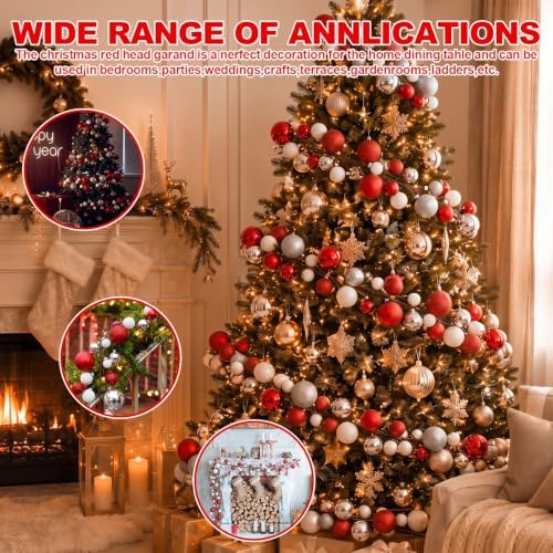 2 Pcs 15 ft Christmas Ball Ornament Garland, Red, White, Silver