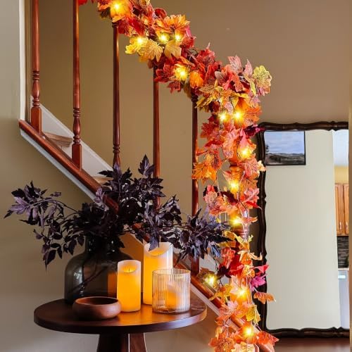 CQURE 12 Pack Fall Leaf Garland,Artificial Fall Vines Autumn Garland Fall Maple Leaves Thanksgiving Decor for Home Wedding Fireplace Christmas(Light..)