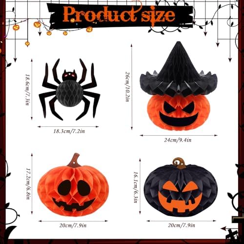 Konsait Halloween Hanging Decorations - 5 Pack Paper 3D Spider Pumpkin Decor with Facial Expressions Stickers for Indoor Outdoor Halloween Decorations
