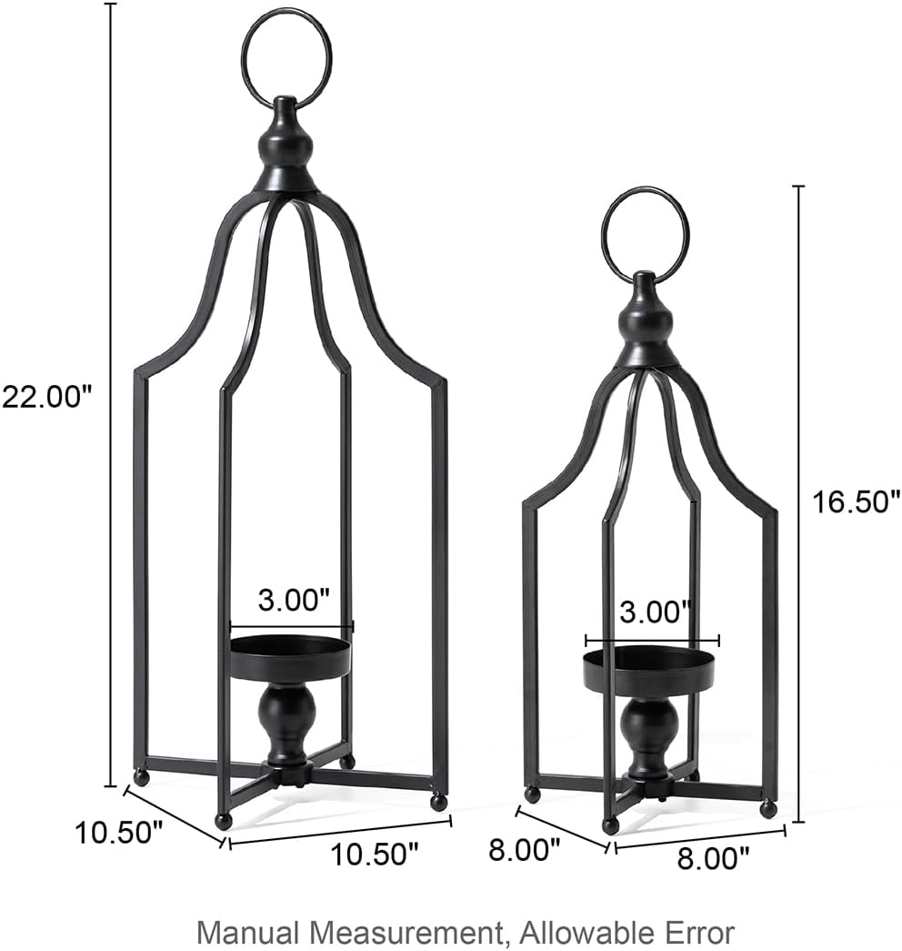 Glitzhome Set of 2 Modern Farmhouse Black Metal Lanterns Decorative Hanging Candle Lanterns for Indoor Outdoor