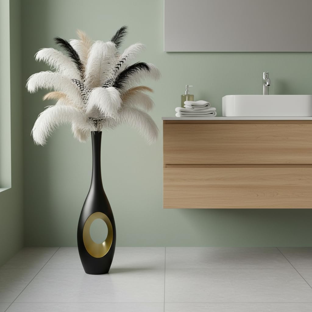 Modern Oval Tall Floor Vase / Black & Gold / 23.6in