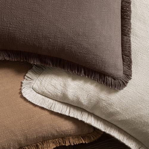 MIULEE Boho Linen Fringe Decorative Fall Pillow Covers Reddish Brown 16x16