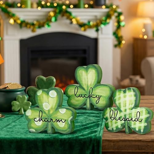 Smile St.Patrick's Day Wooden Shamrock Block Decor Set of 3 Lucky Blessed Charm Clover Ornaments, Tabletop Shelf Lucky Decoration