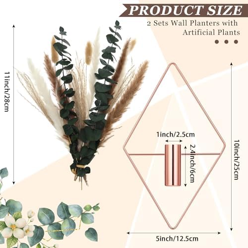 Jexine 2 Pcs Hanging Artificial Planters Wall Decor, Rose Gold, Pampas