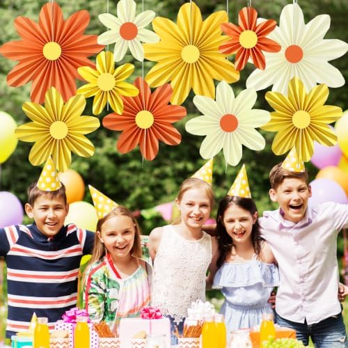 Orange Yellow Paper Flower Decorations Hanging Paper Fans 10Pcs