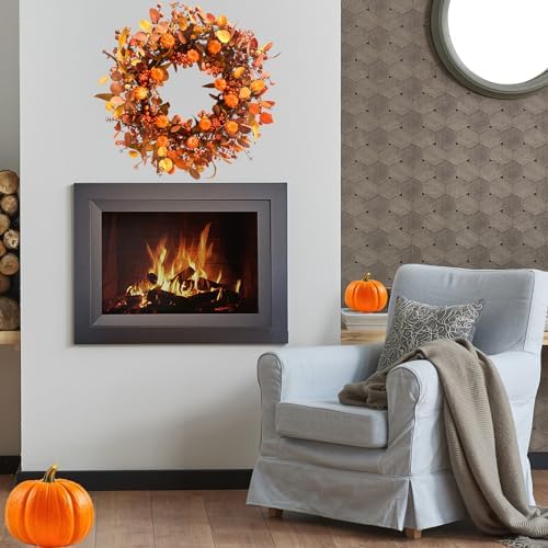 20 Inch Fall Wreath Artificial Pumpkin Wreaths for Front Door Autumn Door Wreath with Orange Eucalyptus Leaves Berries for Thanksgiving Day Harvest Festival Indoor Outdoor Celebration