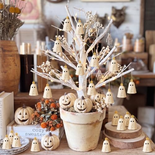 Tigeen 12 Pcs Farmhouse Halloween Tree Ornaments Neutral Ghost Ornaments for Tree Cute Plastic Halloween Hanging Decoration Decorative Mini Ghost for Home Party Supplies