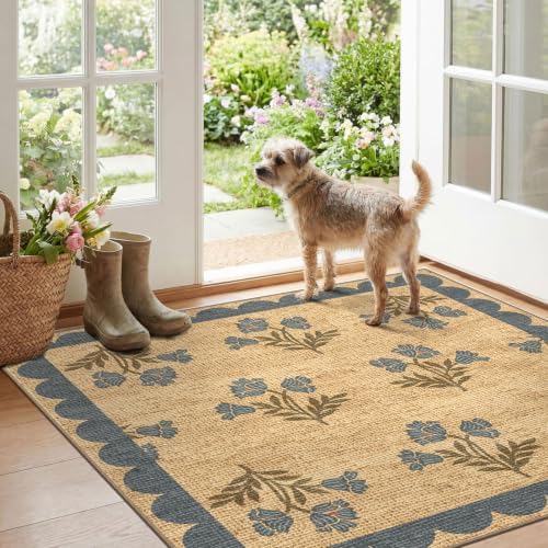 3x3 Square Floral Entry Rug, Front Door Mat Indoor Outside Entrance
