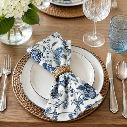 Taran Living Premium Cotton Cloth Napkins Set of 4, 18x18 Inch Reusable Dinner Napkins, Soft Washable Oversized Fabric Napkins for Dining Table, Weddings, Parties & Everyday Use, Blue Floral