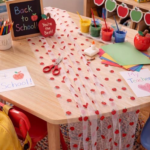 4 Pcs Back to School Apple Table Runner 29x70 in Glitter Tulle
