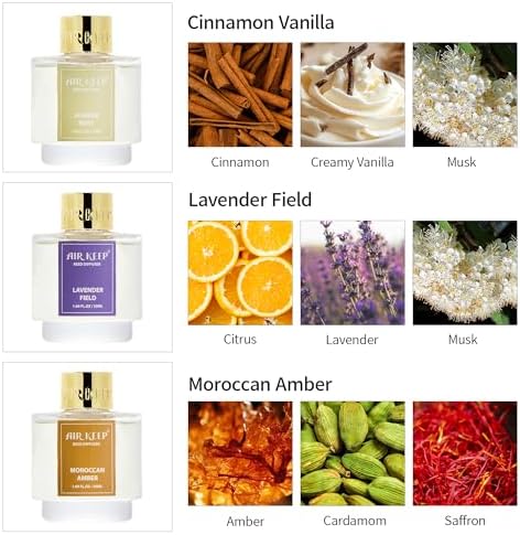Airkeep Reed Diffuser Set of 3, Cinnamon Vanilla Lavender Field Moroccan Amber Oil Reed Diffusers for Bedroom Living