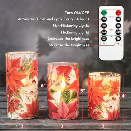 Crystal Club Red Poinsettia Christmas Flameless Candles with Remote