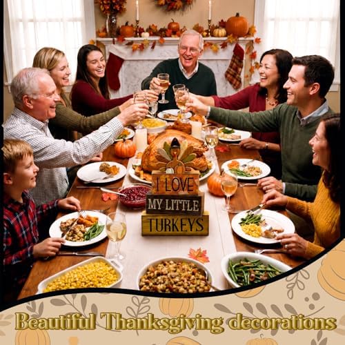 Lineshading 4 Pcs Thanksgiving Block Signs, I Love My Little Turkeys Wood