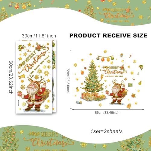 Christmas Tree Window Clings Santa Claus Ball Snowflake Window Stickers for Glass Window Christmas Decoration Reusable Double Sided Glass Decals for Home Xmas Party Supplies (Gold Xmax Tree)