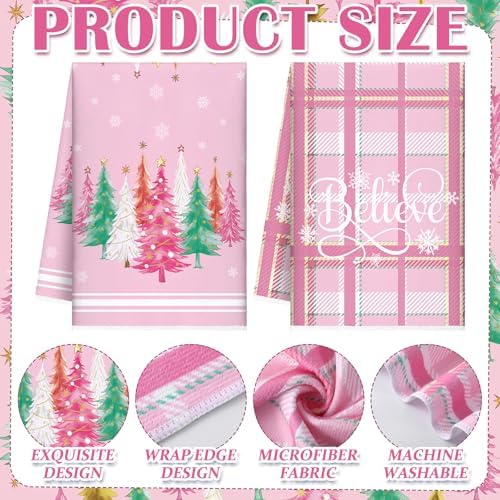 Oudain 6 Pcs Christmas Kitchen Towels Pastel Pink Xmas Tree Tea Dishtowels Decorative Plaid Bathroom Hand Towel Farmhouse Red Green Christmas Decorations for Kitchen Housewarming Home Gifts