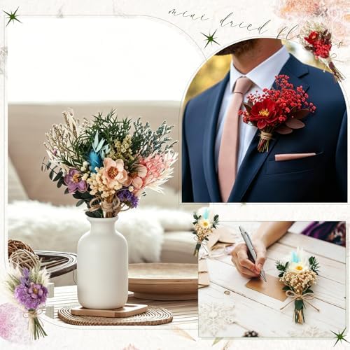 Layhit 12 Pcs Mini Dried Flower Bouquet Boho for Wedding,Camellia