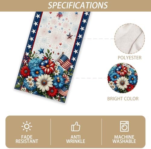 Memorial Day Patriotic 4th of July Table Runner,Red White and Blue Flowers Table Decor Veterans Day Independence Day Decorations and Supplies for Home Kitchen Table-13×108''