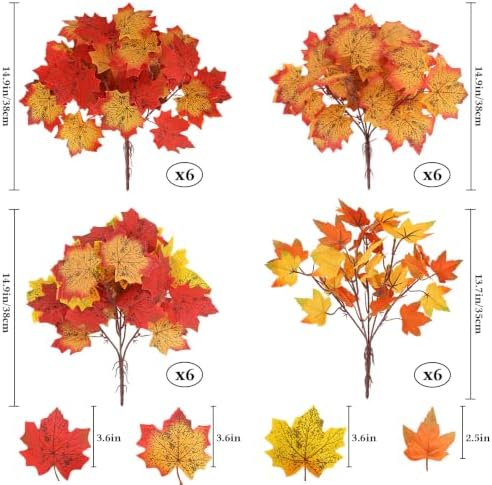 12 Pcs Fall Leaves Stems, 14.9'' Artificial Maple Leaves Branches