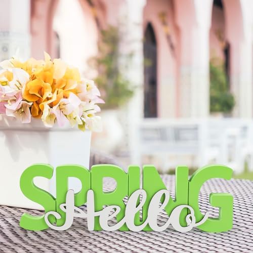 COCHIE Wooden Hello Spring Sign, Spring Decorations for Home, Office, Shelf, Mantel, Indoor, Wood Spring Decor, Spring Table Top Party Decoration (Hello Spring)