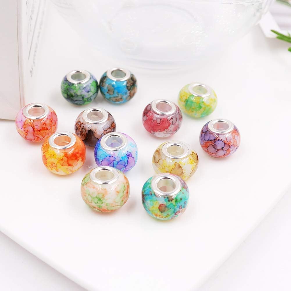 mm Murano Large Hole Glass Beads / Watercolor Effect Glass Beads / Silver / 10 x 15 / Set of 100