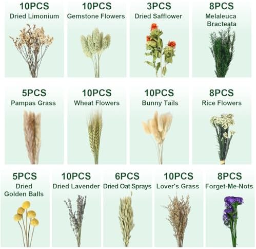 13 Kinds Mini Dried Flower Bouquet, 5-8" Boho Brown for Crafts, Vase Filler