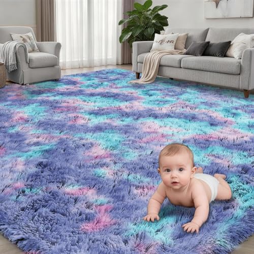 Area Rug Living Room Bedroom: 5x7 Fluffy Plush Shag Carpet Rainbow