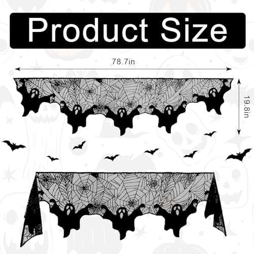 On-Airstore Halloween Mantle Scarf Ghost Spider Web Fireplace Scarf Black Embroidered Lace Table Runner Mantle Cover for Halloween Fireplace Decoration Halloween Party Supplies 79 x 20 Inch