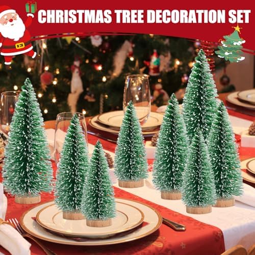 9 Pcs Mini Christmas Tree, Tabletop Christmas Tree with Wooden Bases Artificial Mini Tree with 3 Sizes Christmas Table Decor Bottle Brush Trees for Christmas Decorations (Green Snow)