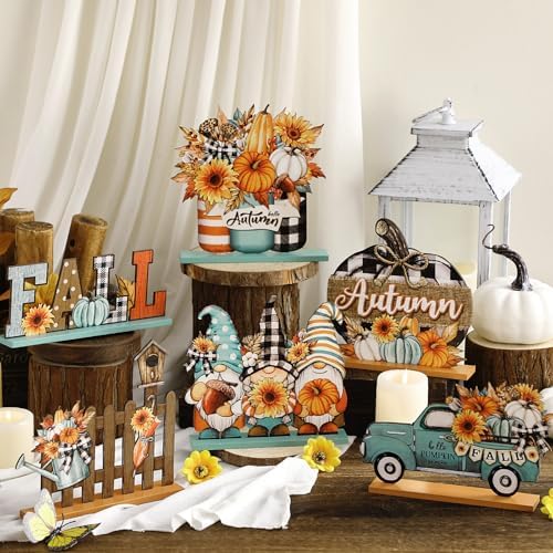 Wenqik 6 Pcs Fall Decor for Home Autumn Wooden Table Decorations Farmhouse