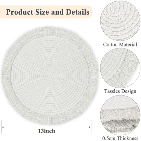 Round Placemats Set of 4 Table Mats 13Inch Washable Cotton Heat Resistant for Dining Table Decor, Farmhouse Thick Rustic Kitchen Placemats Non-Slip Hand Woven Boho Placemats for Thanksgiving Christmas
